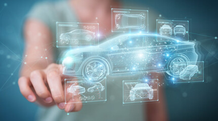 Woman holding and touching holographic smart car interface projection 3D rendering