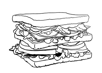 Sketch of hamburger  isolated on white, graphical lined illustration for coloring book and design 