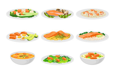 Salmon Dishes Served with Vegetables and Rice Vector Set