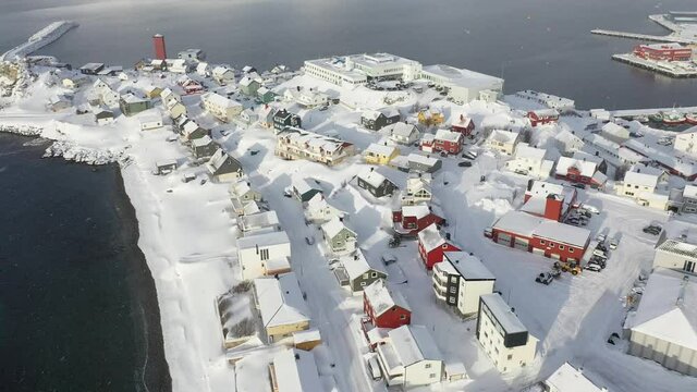 The city of Honningsvag in Norway. Dawn in Honningsvag. Aerial photography in Honningsvag. Norway in the winter.
