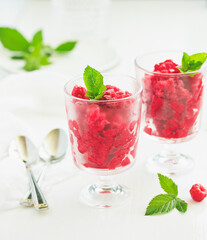 Raspberry sorbet (granite) with champagne. Selective focus