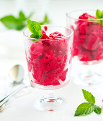 Raspberry sorbet (granite) with champagne. Selective focus