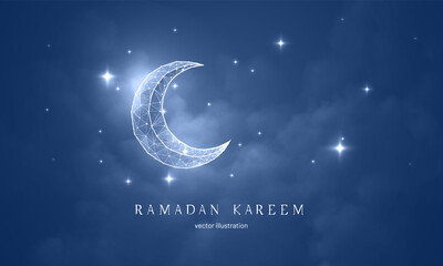 Moon in the starry sky futuristic vector illustration on a blue background, concept for postcard cover. Polygonal crescent moon in the night sky for Ramadan celebration - obrazy, fototapety, plakaty
