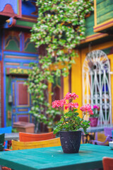 Fototapeta na wymiar Colorful interior of cafe at a garden