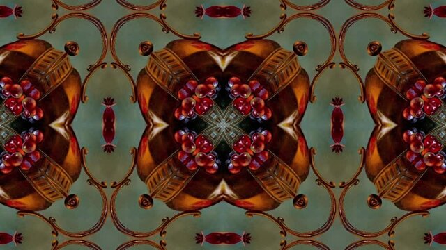 Colored fruit kaleidoscope. Abstract background, loop