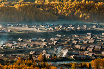 Hemu village in Kanas Nature Reserve, Xinjiang, China - obrazy, fototapety, plakaty
