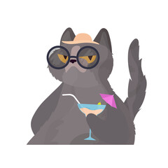 Funny cat with a cocktail. Cat in glasses and a hat. Good for stickers, cards and t-shirts. Isolated. Vector.
