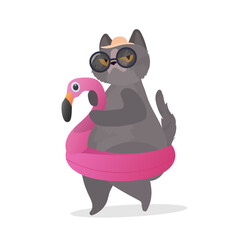 Funny cat with a pink flamingo-shaped rubber ring. Cat in glasses and a hat. Good for stickers, cards and t-shirts. Isolated. Vector.