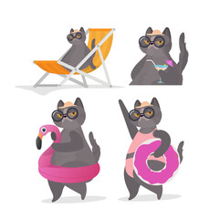 Set of funny cat stickers with a pink circle for swimming. Deckchair, umbrella. Cat in glasses and a hat. Good for stickers, cards and t-shirts. Funny banner on the theme of summer. Vector.