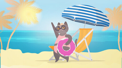 Funny cat with a pink swimming circle. Deckchair, umbrella. Cat in glasses and a hat. Good for stickers, cards and t-shirts. Funny banner on the theme of summer. Vector.
