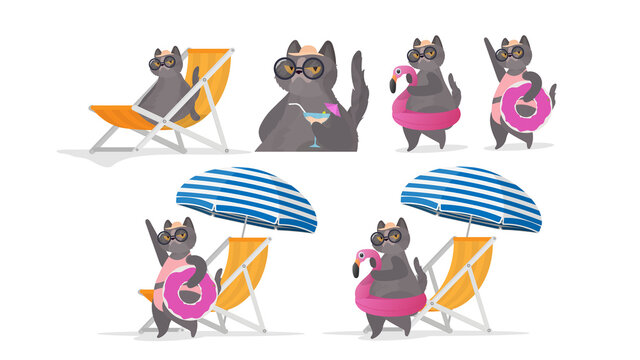 Set of funny cat stickers with a pink circle for swimming. Deckchair, umbrella. Cat in glasses and a hat. Good for stickers, cards and t-shirts. Funny banner on the theme of summer. Vector.