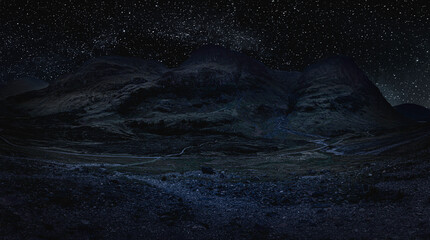 Obraz na płótnie Canvas Moonlight on hills of Highlands.Nightscape composite scene with starry sky over mountain range in Glencoe, Scottish Highlands, UK.Very dark and moody landscape photo.