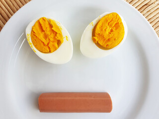 Funny face out of food. A sad face of eggs and sausage.
