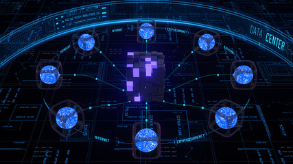 Cube data center  technology . Global internet worldwide. 3d render of technology background.