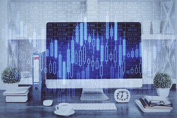 Forex graph hologram on table with computer background. Double exposure. Concept of financial...