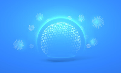 Bubble shield virus and infection protection vector illustration on a blue background. The sphere in the form of a force energy field or barrier is protected from external factors in an abstract style