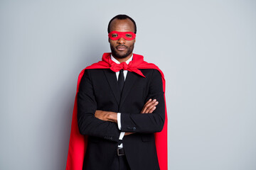 Portrait of his he nice attractive classy guy rescuer wearing suit hero outfit career growth...