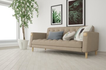 modern room with sofa,pillows,pictures and plant interior design. 3D illustration