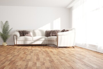 modern room with sofa,pillows,plants interior design. 3D illustration