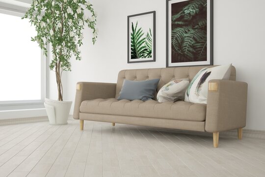 modern room with sofa,pillows,pictures and plant interior design. 3D illustration