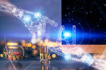 Multi exposure of desktop with computer on background and tech theme drawing. Concept of big data.