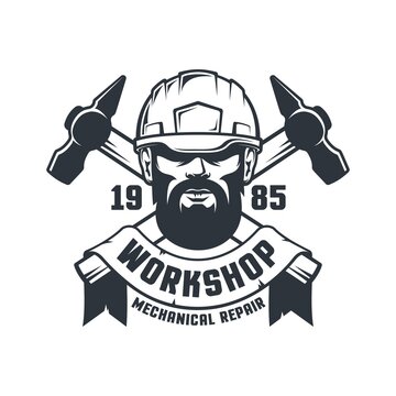 Industrial worker in hard hat and crossed hammers - retro logo. Mechanical workshop with tools and handyman in helmet. vector illustration