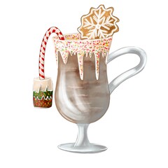 Christmas chocolate milkshake drink with sweet and marshmallow on a white background. Design element. Digital hand-drawn illustration.