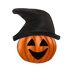 Halloween pumpkin smiling face with witch hat isolated on white background