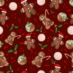 Seamless pattern. Christmas and new year design. Red background. Gingerbread man, christmas tree and cookie