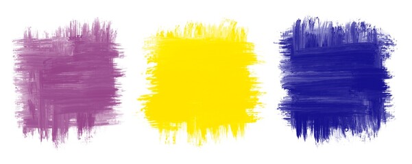 Set of color Brush Strokes. Set of purple, yellow, blue  stain art background. Isolated on white background. Design elements for banner, poster, cover, brochure, flyer.