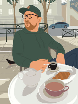 Man with beard sitting at table in sunny street cafe or coffeehouse. Guy enjoys drinking coffee with croissant in open air. Breakfast and cup of tea outdoors. Summer time in city vector illustration.