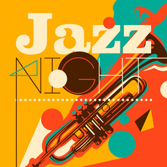 Artistic jazz night background in color, with silhouette of a trumpet and abstract design elements. Vector illustration. - obrazy, fototapety, plakaty