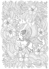 Vector fantasy butterfly pixie woman with teapot.  Fairy tale blooming garden, flowers, leaves. Thin line contour drawing. Black and White Coloring book for adults vertical page. Batik paint