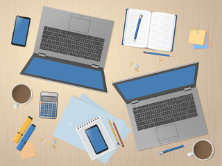 White desk with two laptops and supplies. Workspace with blank screen laptops. Remote work, freelance, online learning, distance education. Top view, flat lay. Vector illustration