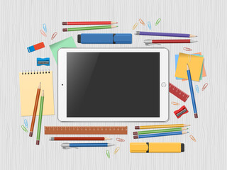 White desk with tablet and supplies. Workspace with blank screen tablet PC. Remote work, freelance, online learning, distance education. Top view, flat lay. Vector illustration