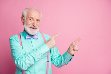 Photo of cool stylish look aged man guy indicating fingers empty space offer black friday low...