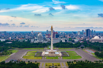 Jakarta, Indonesia - 19th February 2019: Aerial view of Tugu Monas (Monumen Nasional) or National Monument. Jakarta Bay is visible in the far background.