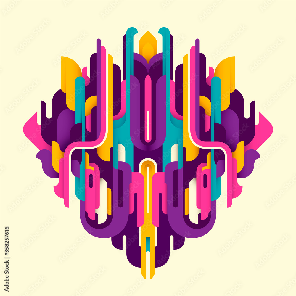 Poster futuristic style abstract object, made of various designed shapes with intense colors. vector illust