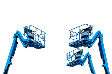Articulated boom lift. Aerial platform lift. Telescopic boom lift isolated on white. Mobile...