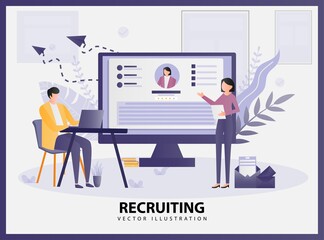 Modern flat web page design template of Recruiting decorated people character for website development. Can use for landing page, web banner, infographic, flyer, web. Easy to edit and customize. 