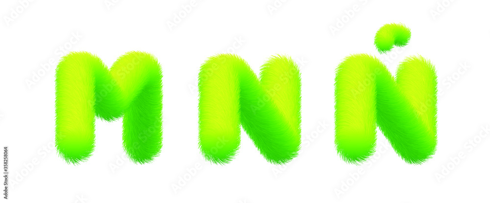 Poster set of high quality 3d shaggy letter m n ñ on white background . isolated vector element