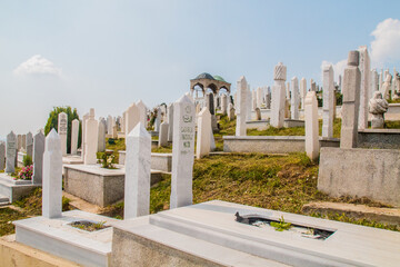 Martyrs’ Cemetery Kovaci:
White graves of the muslim graveyard on the hill above the city. Total...