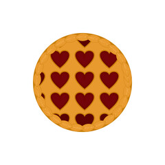 Вишневый пирог с решеткой из теста в виде сердца.
Cherry pie with a lattice of dough in the form of a heart. Dessert with lattice of dough for thanksgiving holiday. Top view
