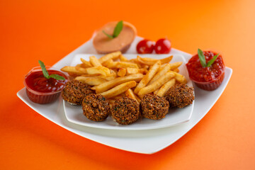 Falafel , middle eastern deep fried chickpea balls with french fries 