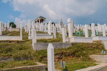 Martyrs’ Cemetery Kovaci:
White graves of the muslim graveyard on the hill above the city. Total...