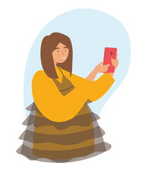 Blogger is recording video on the phone. Concept of live streaming, broadcast, social media networking, personal blog, making money on Internet. Girl takes video and selfie flat vector illustration