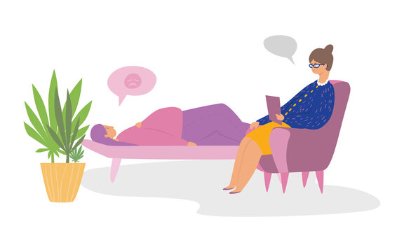 Psychologist at the reception flat vector illustration. Stress treatment, mental disorder, depression therapy concept. A woman lies on a couch, and a doctor sits in a chair