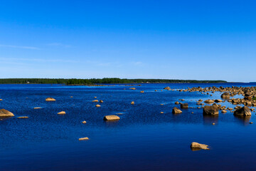 Haparanda, Sweden A seascape over the Gulf of Bothnia in the Baltic Sea and rock outcroppings.