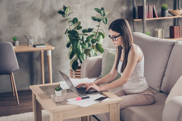 Profile side photo of focused girl work remote laptop reading aim startup development progress...