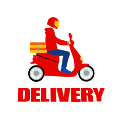 Food or parcel delivery to home and office, concept, online order tracking. The courier rides on a red scooter with boxes and pizza on his back. Ecological and fast city delivery. Vector illustration